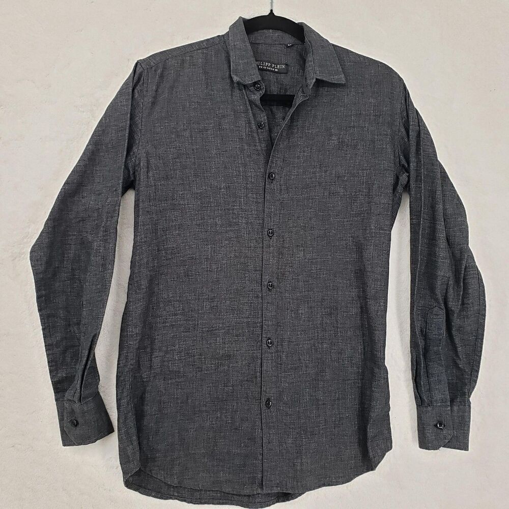 Philipp Plein Homme Shirt Mens Medium Gray Long Sleeve Button Up Textured Casual